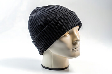 Side view of a white mannequin head wearing a black ribbed knit beanie mockup isolated on white background 