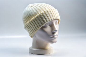 Side view of a white mannequin head wearing a black ribbed knit beanie mockup isolated on gray background 