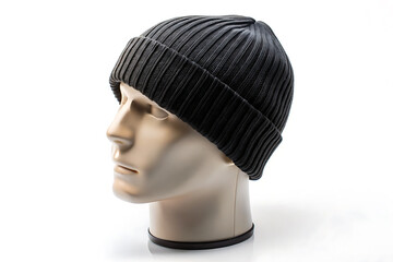 Side view of a white mannequin head wearing a black ribbed knit beanie mockup isolated on white background 