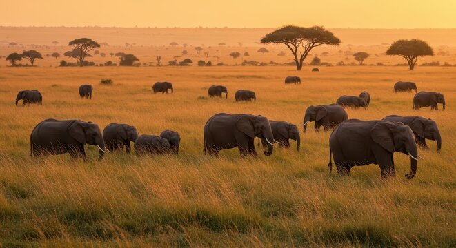 Herd of elephants roam a golden savanna at sunset.