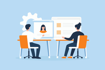 Two people collaborating at desks reviewing profiles and data on computer screens with a gear icon in the background