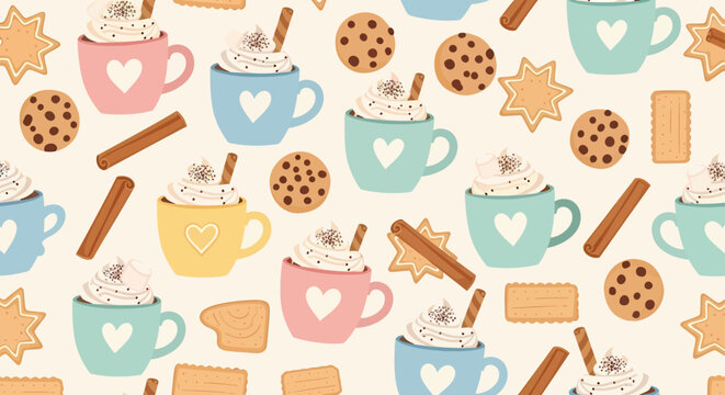 Cute repeating pattern of hot cocoa mugs, sweet cookies, and cinnamon sticks for a warm and cozy winter theme illustration