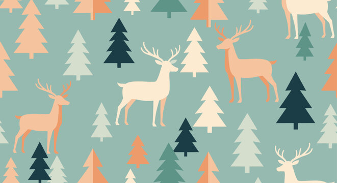 Festive seamless pattern with elegant deer and stylized pine trees, ideal for winter holiday backgrounds, gift wrapping, and seasonal decorations in a charming minimalist style