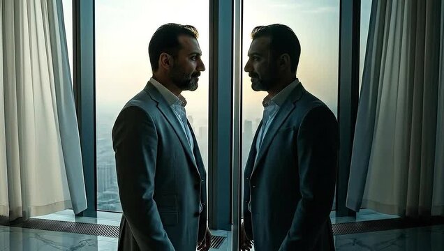 A man in a suit stands before a window, his reflection mirroring the scene, emphasizing duality
