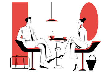 One continuous single drawing line art flat doodle cafe, person, sitting, adult, man, woman, table, lifestyle. Isolated image hand draw contour on a white and red background