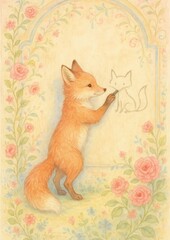 Whimsical fox drawing flowers