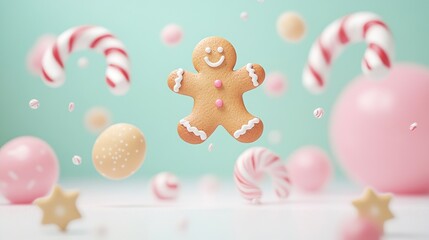 Obraz premium 3d render of a cute gingerbread man flying in the air, surrounded by candy canes and pastel pink balls on a light blue background, with soft lighting, bokeh effect 