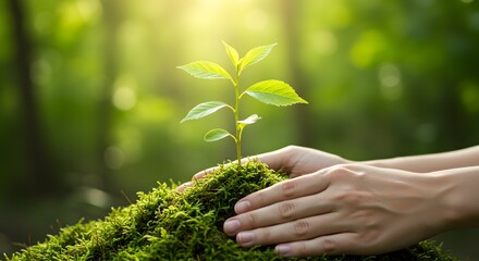 Hands planting small seedling in forest soil under sunlight — eco-friendly sustainability and green growth nature concept