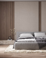 Stylish mockup, cozy modern bedroom interior background, empty wall mockup,  3d render