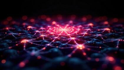 Geometric kaleidoscope pattern formed by glowing microscopic particles, intricate symmetry, vibrant colors, dark background An extreme close up of perfectly symmetrical, complex geometric shapes