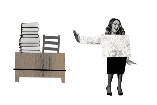 Composite trend artwork sketch photo collage of office manager young lady stand hand gesture table pile book education knowledge student
