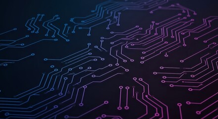 Abstract circuit board with glowing blue and pink lines on dark background.