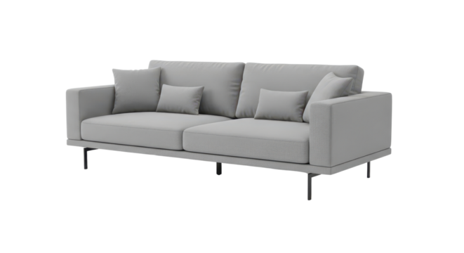 Gray modern sofa with pillows for home interior design isolated PNG with Transparent Background