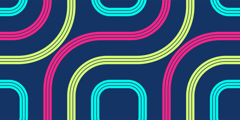 Obraz premium Modern abstract seamless pattern featuring colorful interwoven and flowing rounded lines in a vibrant retro color palette