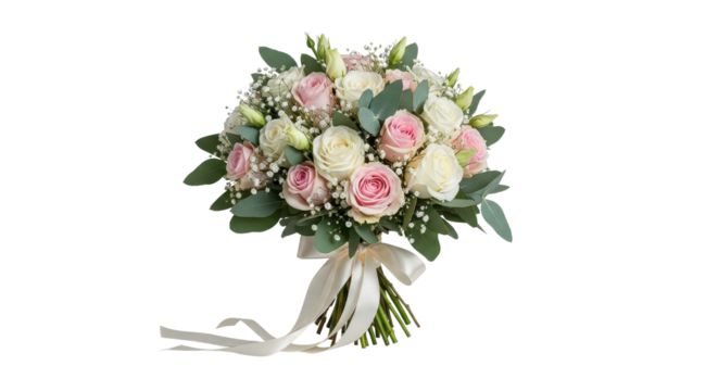 Elegant bouquet of pink and white roses with ribbon isolated PNG with Transparent Background