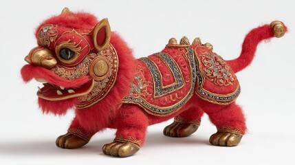 Fototapeta premium A red and gold stuffed animal with a red face and a gold collar