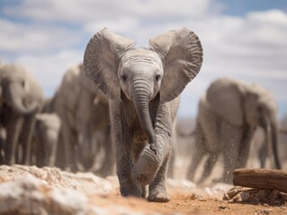 Fototapeta premium Playful Baby Elephant Strutting Confidently Through the African Savannah