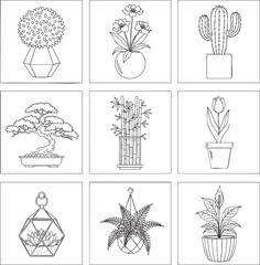 Naklejka premium A collection of nine diverse houseplant illustrations in a simple black and white line art style.