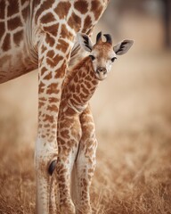 Obraz premium Adorable Newborn Giraffe Calf Sheltering Safely Beside Its Mother in the Wild African Savannah