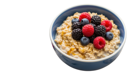 Oatmeal porridge breakfast bowl with raspberries and blueberries isolated PNG with Transparent Background