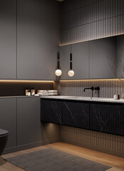 Modern dark bathroom interior with black marble surfaces, soft LED lighting and elegant minimalist design, 3d rendering