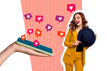 Composite photo collage of happy girl blogger hold hat receive like notification phone screen sms...
