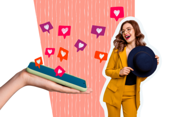 Composite photo collage of happy girl blogger hold hat receive like notification phone screen sms reaction isolated on painted background