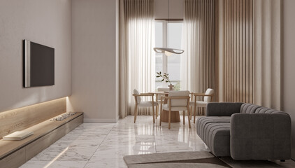 Blank TV screen in modern light interior with white sofa in stylish mock up, front view. TV in living room interior background, empty TV display template, 3d render