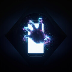 Leuchtende digitale Hand greift aus Smartphone – Symbol für Datenmissbrauch und Cyberbedrohung
