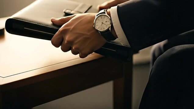 A man's hands with a watch clasp a black leather briefcase, in a dimly lit setting