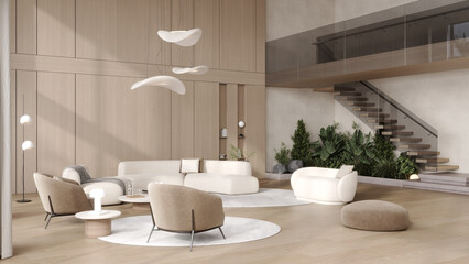 Luxury modern villa interior with wooden walls, soft white sofas, designer lamps, panoramic windows and elegant minimalist decor, 3d rendering