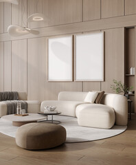 Two poster frames in modern living room with sofa, 3d render