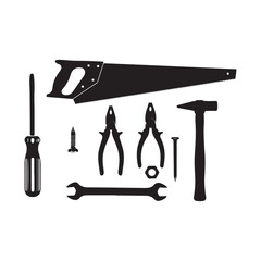 Illustration of silhouette of various hand tools, including saw, hammer, and screwdriver