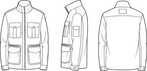 Men’s jacket fashion illustration, technical flat sketch, outerwear design, apparel template,