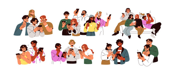 Plakat Couples, friends with mobile phones in hands, looking at screens together. People watching video, scrolling social media, reading news in groups. Flat vector illustrations isolated on white background