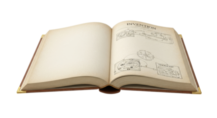 Open book with sketches on the page, including the word "INVENTIERI" isolated PNG with Transparent Background
