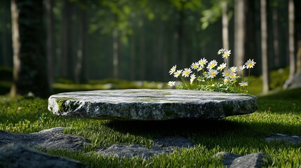 Circular Stone Table Surrounded by Green Grass and Wildflowers in a Lush Forest Setting