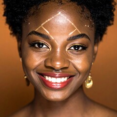 Portrait of a woman smiling with gold face art