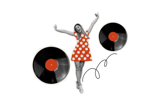 Creative design composite trend artwork collage of silhouette young lady dance vinyl recorder pinup style vintage party weekends carefree