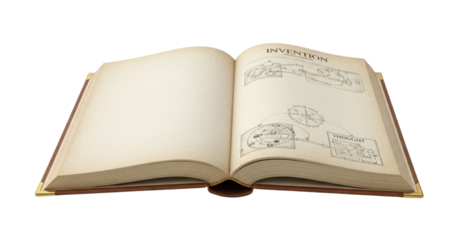 Open book with sketches on the page, including the word "INVENTIERI" isolated PNG with Transparent Background