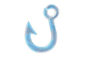 Stylized iridescent blue fishing hook isolated on a clean white background