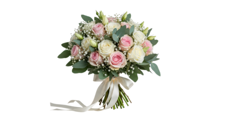 Elegant bridal bouquet of white and pink roses tied with ribbon isolated PNG with Transparent Background