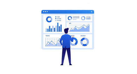 Man analyzing data on a dashboard with charts and graphs.