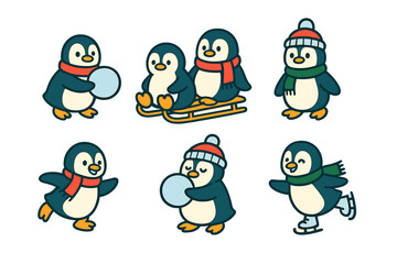 Adorable cartoon penguins enjoying various winter sports and cold weather fun