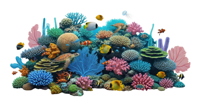 Vibrant coral reef ecosystem with colorful fish isolated PNG with Transparent Background