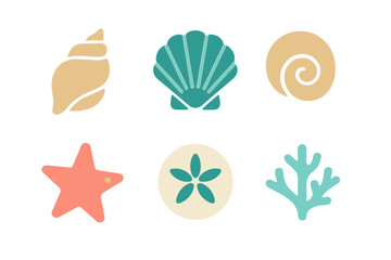 Stylized marine life collection featuring seashells starfish sand dollar and coral in muted colors