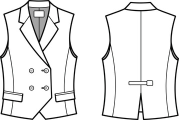 omen’s tailored vest fashion illustration, technical flat sketch with double-breasted design,
