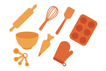 Assortment of orange and brown kitchen utensils and equipment for cooking and baking