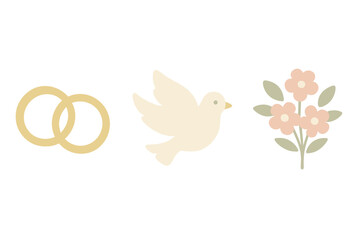 Elegant set of marriage and love icons with two golden wedding bands, a flying white dove, and a floral arrangement