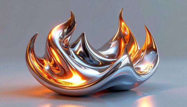 Gleaming abstract sculpture with fiery orange and silver metallic reflections fire flames